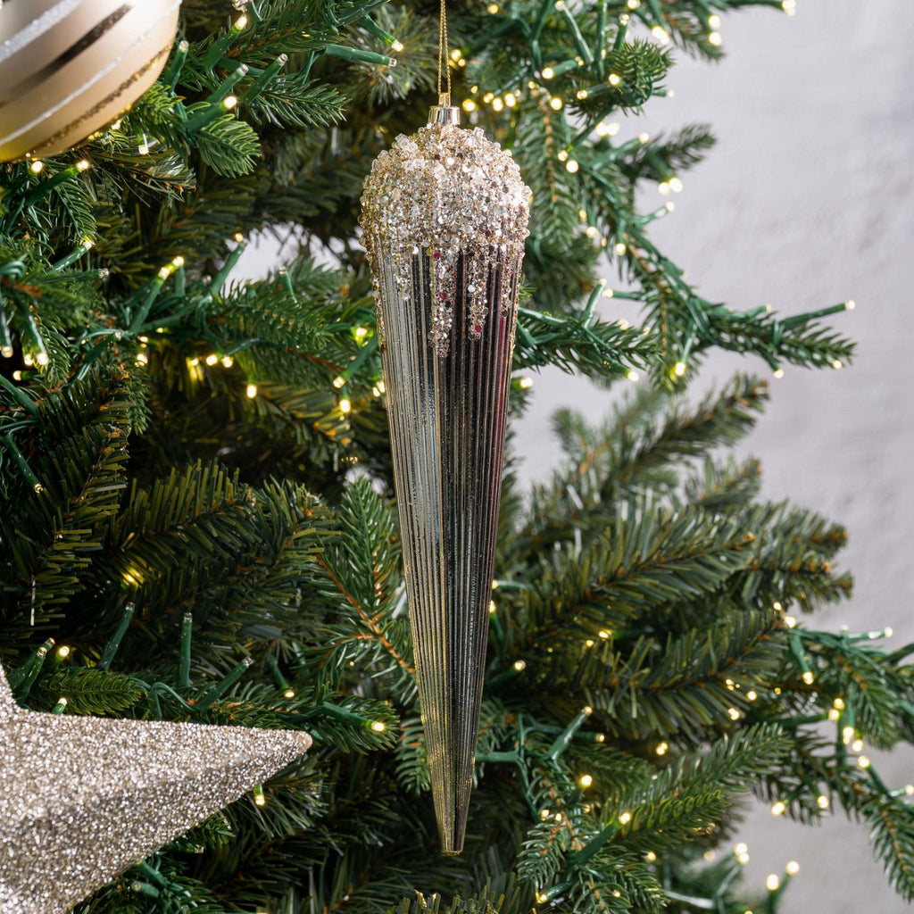 11" Champagne & White Drop Ornament With Glitter & Sequins