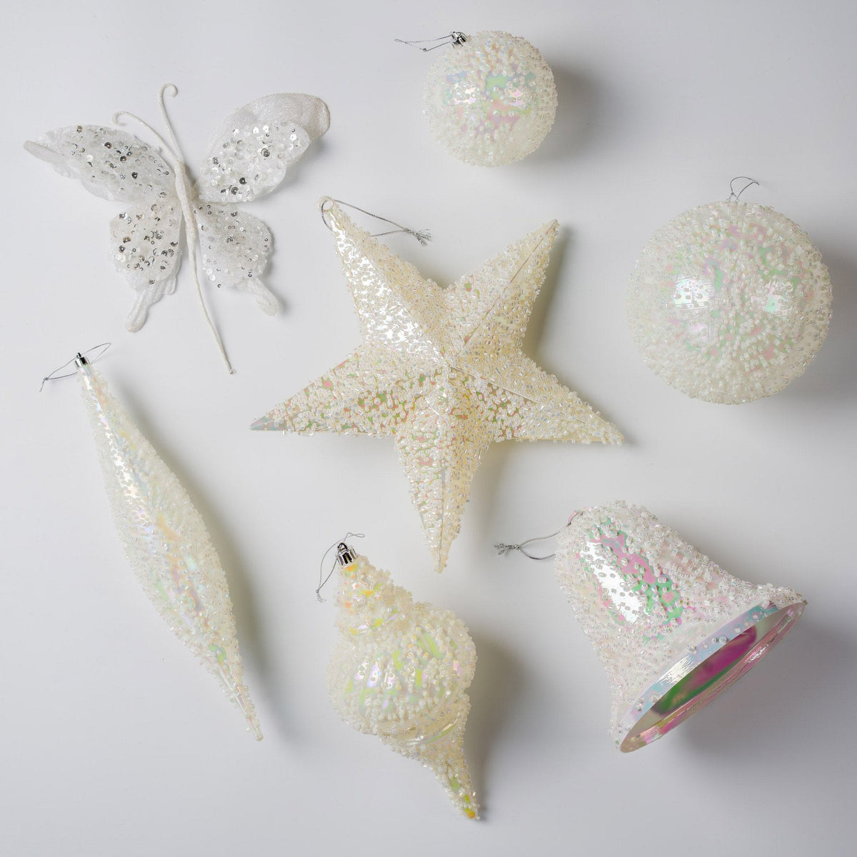 12" White Iridescent Star With Clear Bead Details