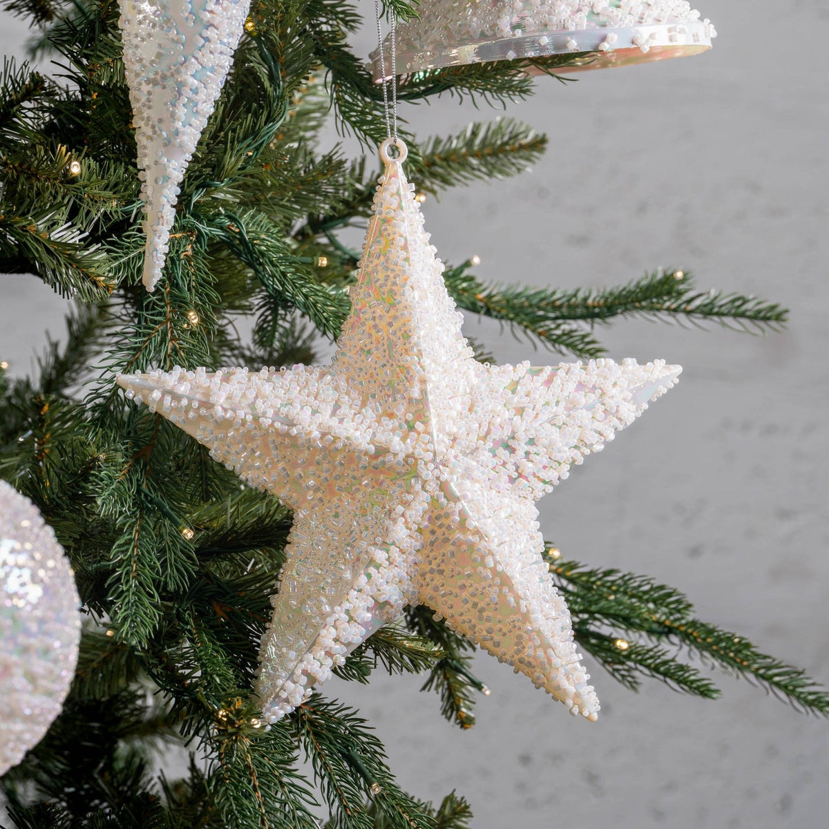 12" White Iridescent Star With Clear Bead Details