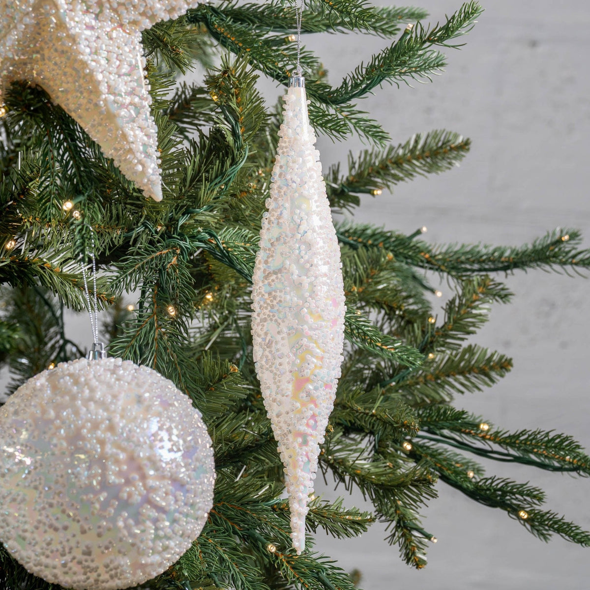 13" White Iridescent Finial With Clear Bead Details