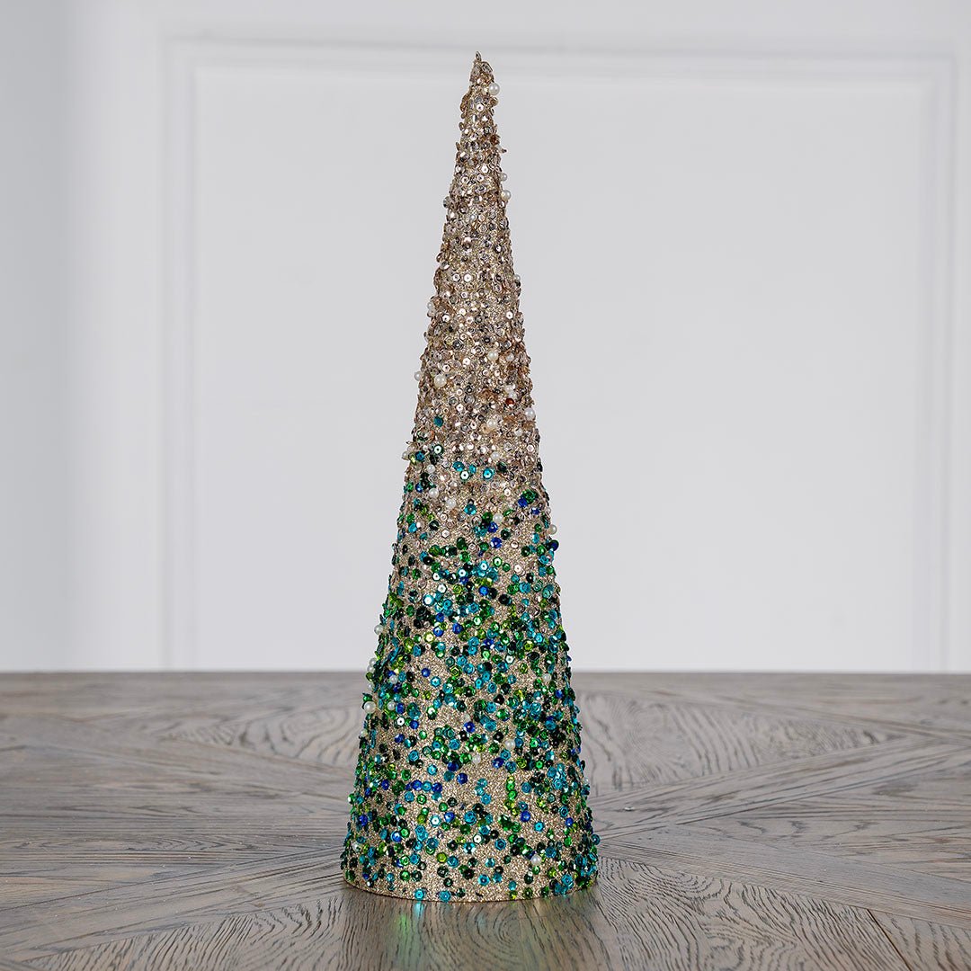 15" Champagne & Green Sequin Conical Table Top