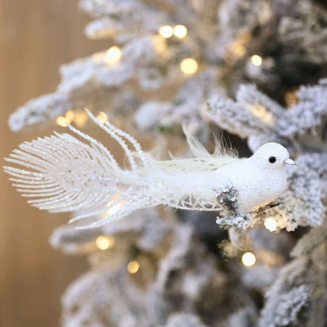 White Bird Ornament with Peacock Tail