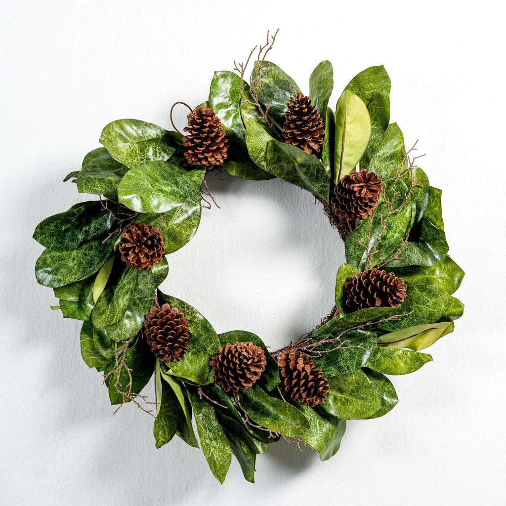 29" Magnolia leaf pine cone and twig wreath