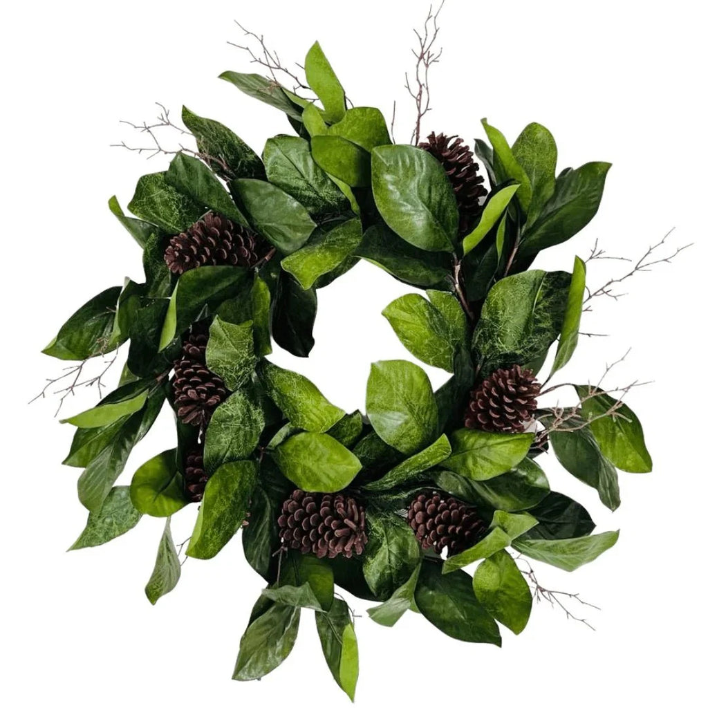 29" Magnolia leaf pine cone and twig wreath