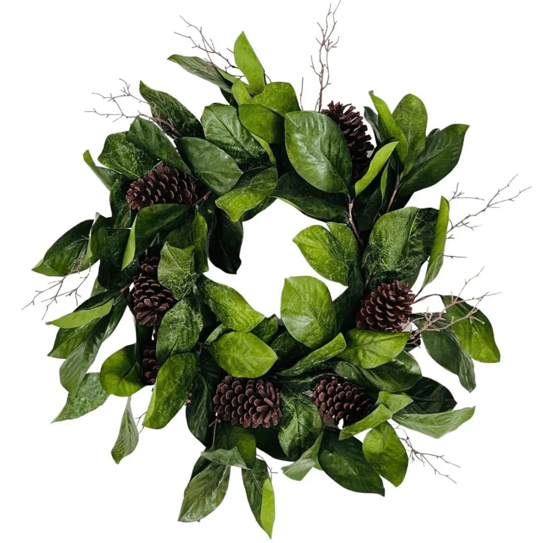 29" Magnolia leaf pine cone and twig wreath
