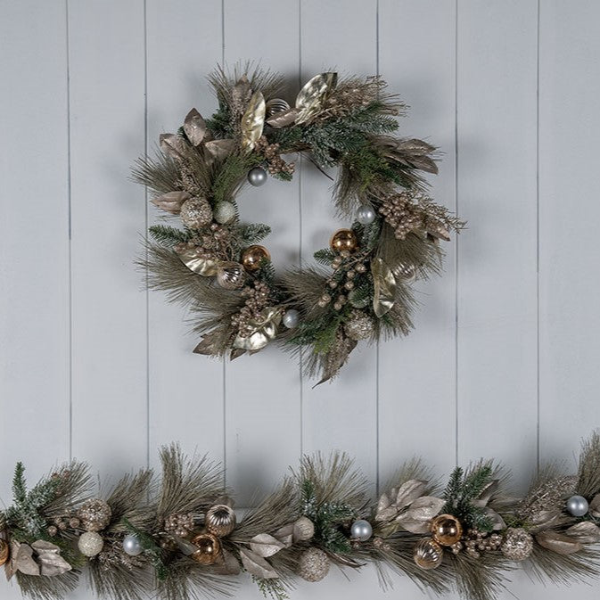 Champagne Pine Wreath with Ornaments