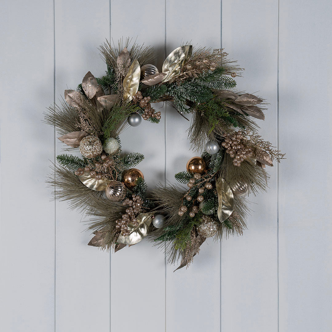 Champagne Pine Wreath with Ornaments