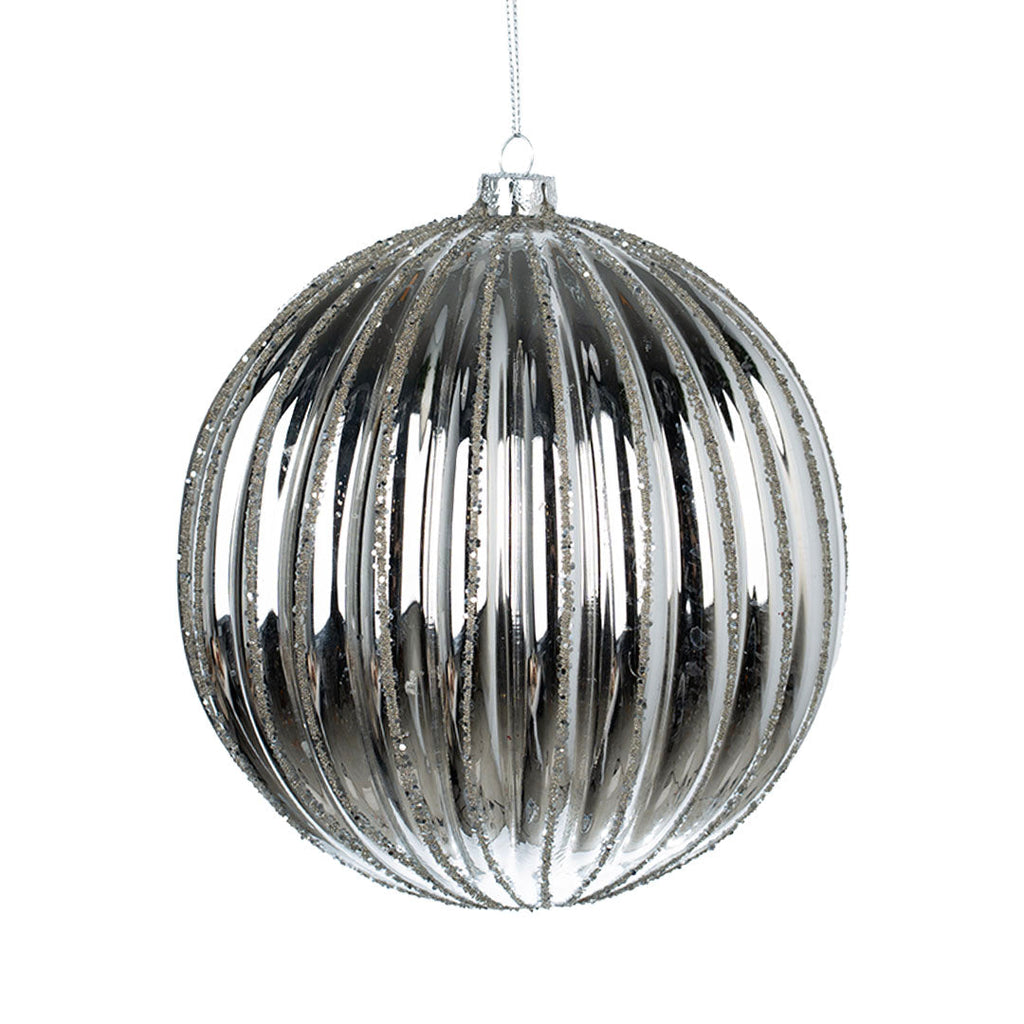 Silver Mirror Ribbed Ball Ornament