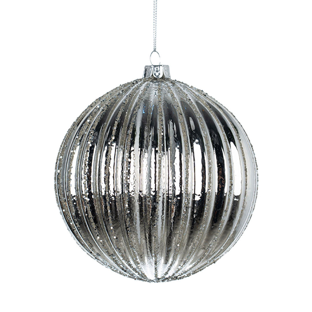 Silver Mirror Ribbed Ball Ornament