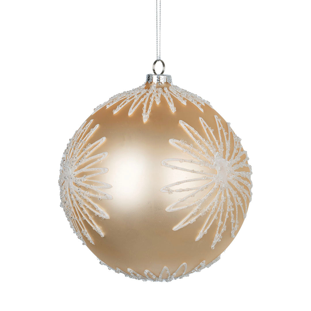 Matte Champagne Ball Ornament with White Glitter Blooms