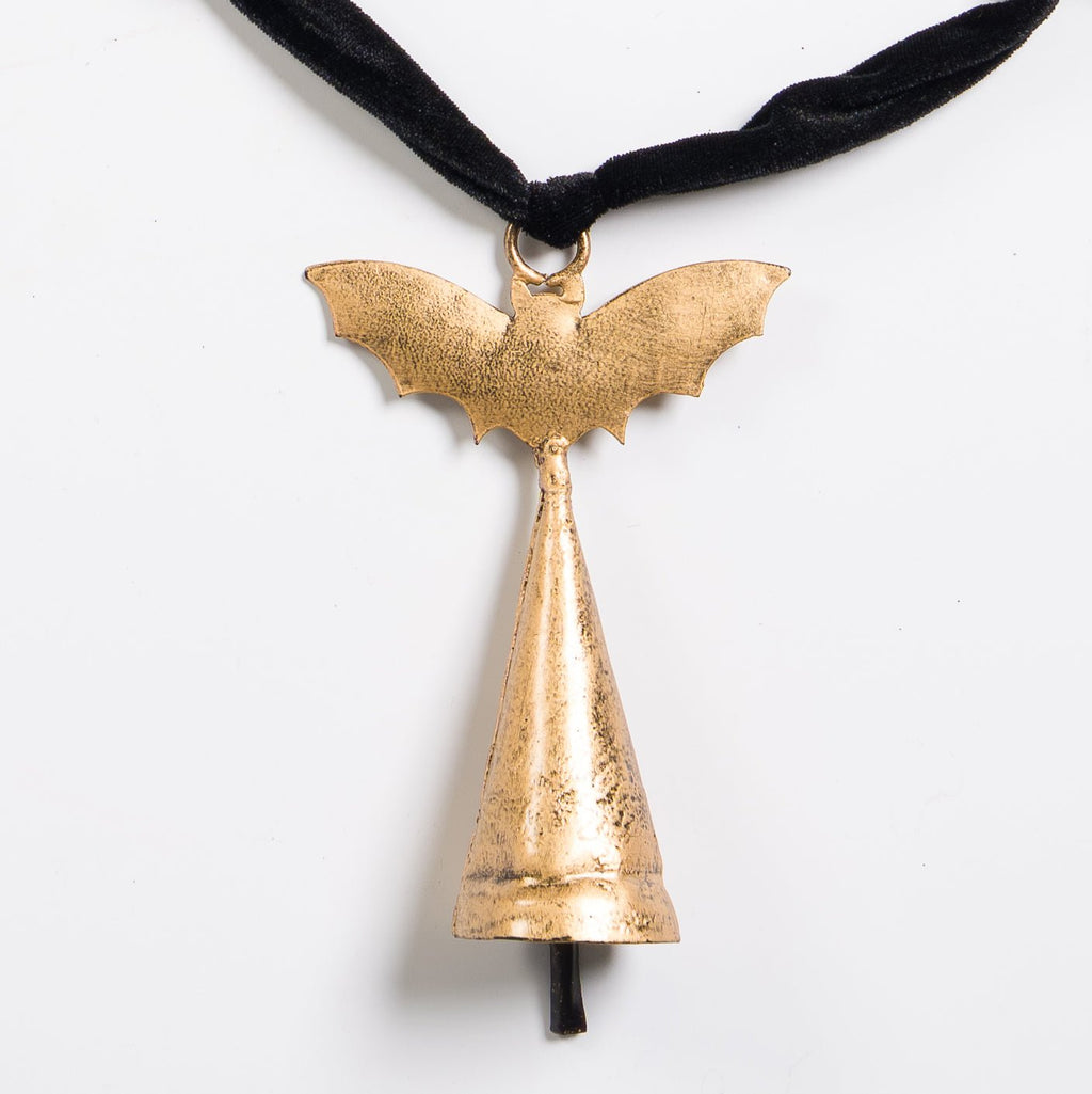Antique Gold Bat Bell with Black Velvet Ribbon