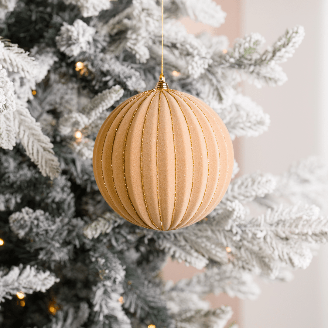 Beige Flocked Ball with Gold Glitter Stripes 6"