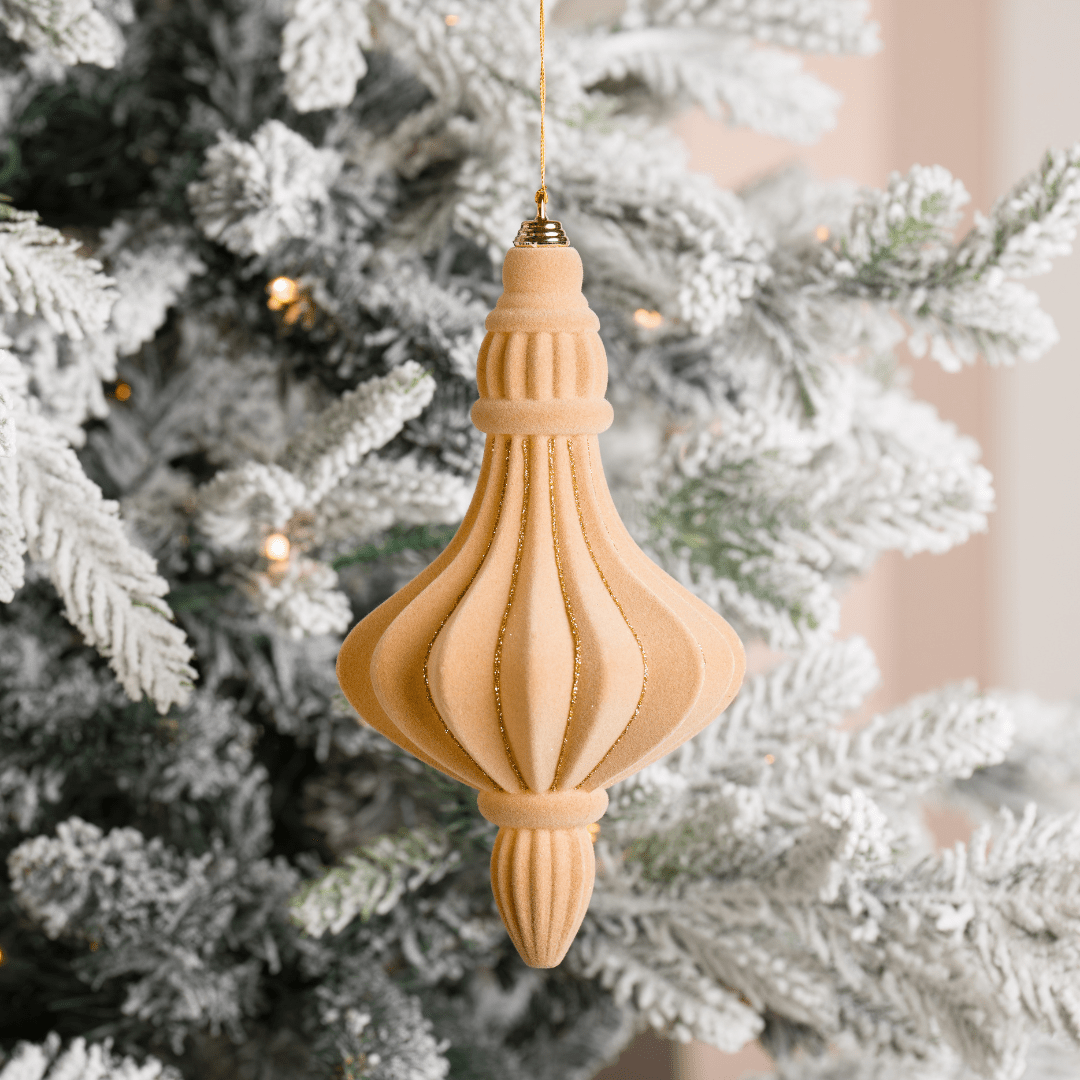 Beige Flocked Chandelier with Gold Glitter Stripes Ornament 8.5"