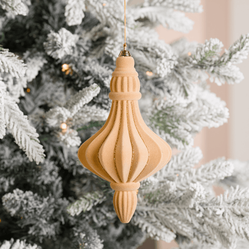Beige Flocked Chandelier with Gold Glitter Stripes Ornament 8.5"