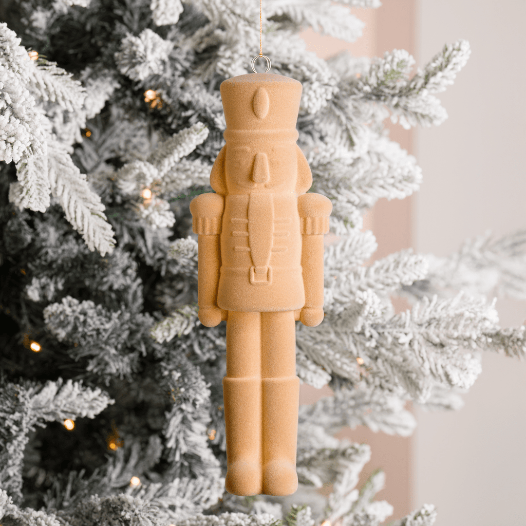 Beige Flocked Nutcracker Ornament 12-Inch