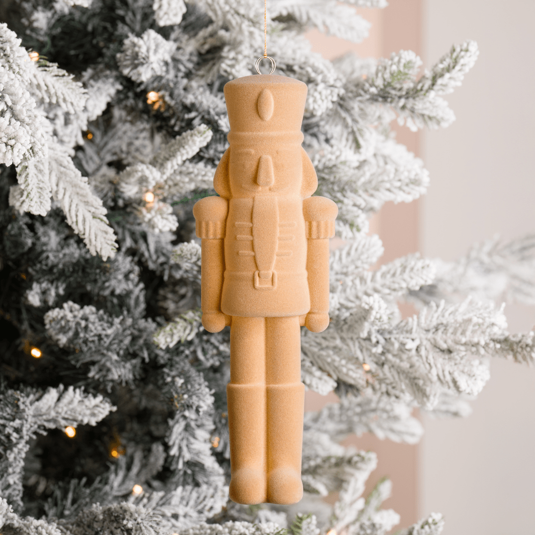 Beige Flocked Nutcracker Ornament 12-Inch