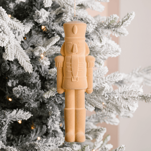 Beige Flocked Nutcracker Ornament 12-Inch