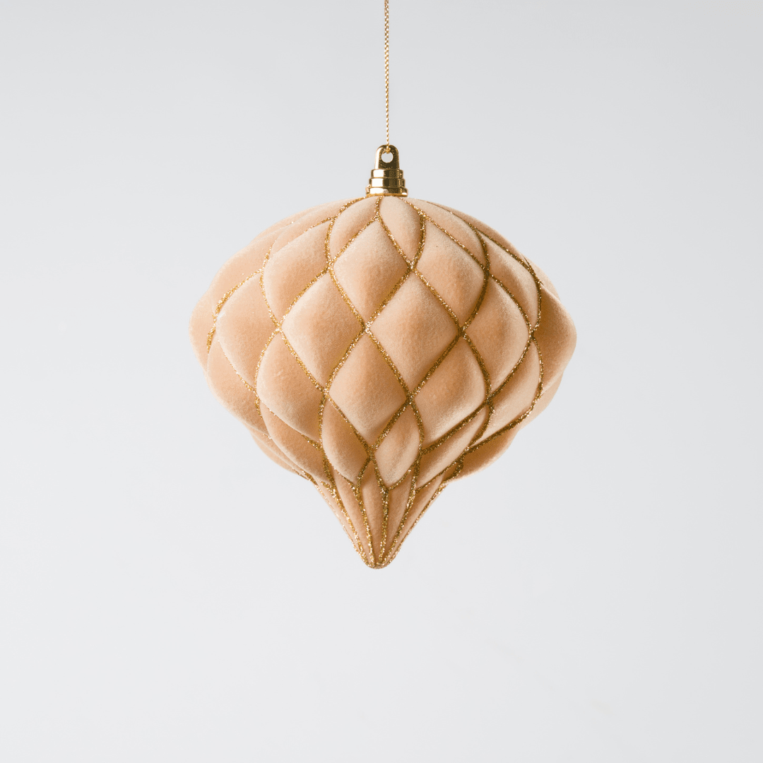 Beige Flocked Onion Ball Ornament with Gold Glitter Net 6"