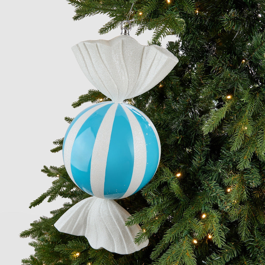 Blue Candy Ornament With White Stripes