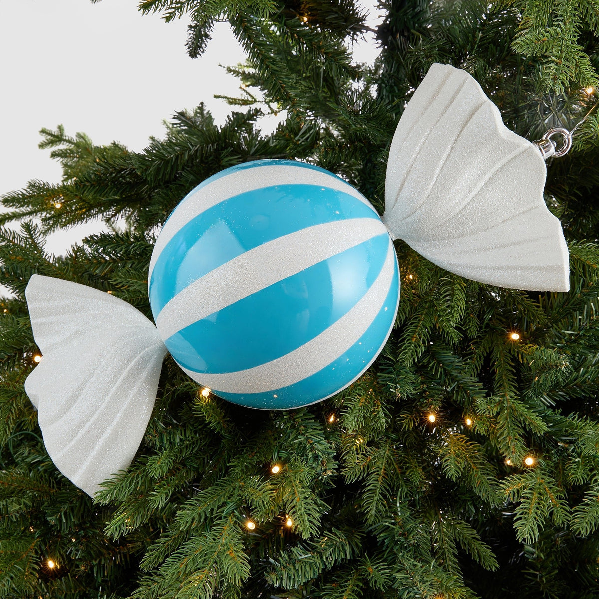 Blue Candy Ornament With White Stripes