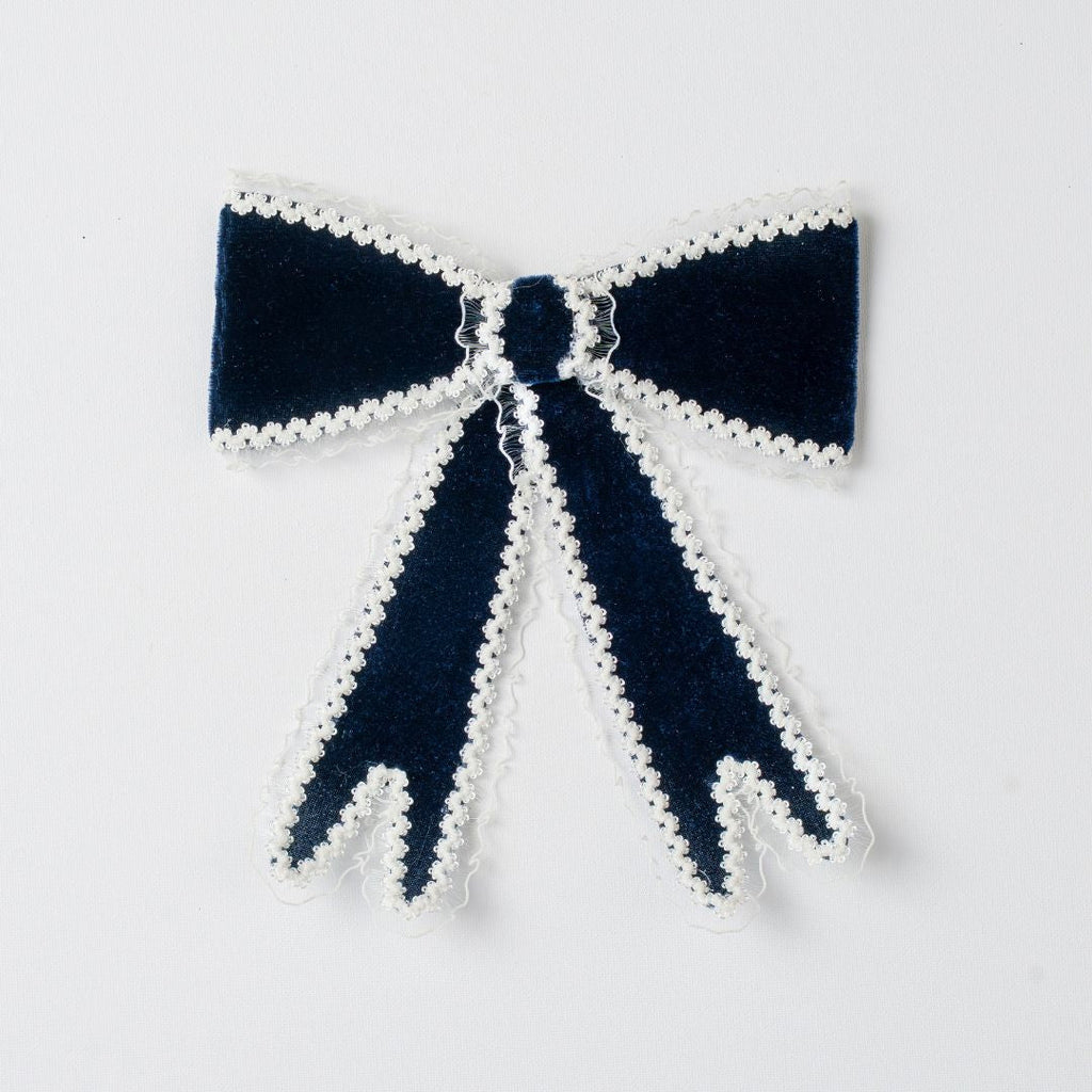 Blue Velvet Bow With White Lace Lining