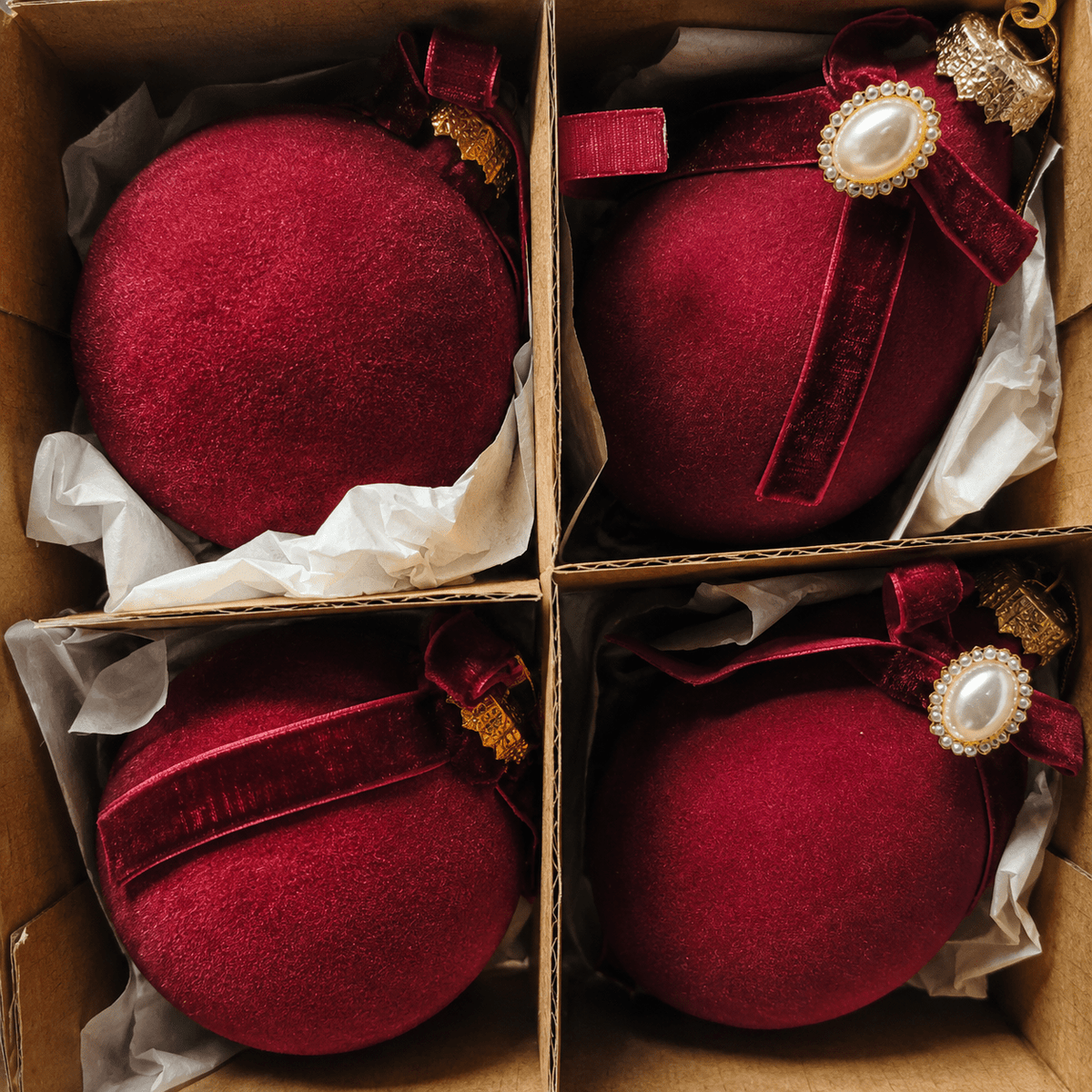 Burgundy Flocked Glass Ornament Set with Bow