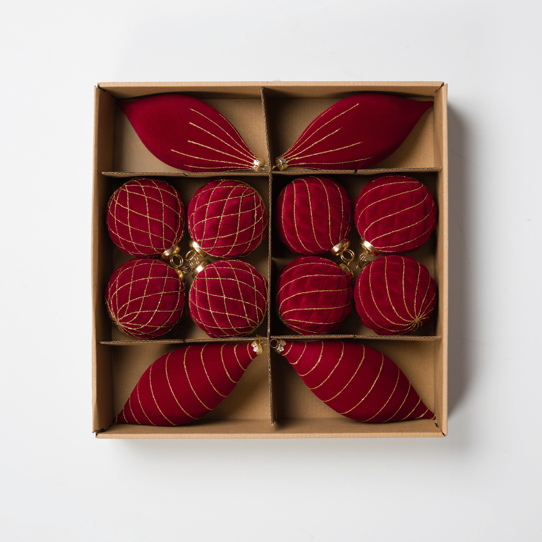 Burgundy Flocked Shatterproof 12-Piece Ornament Set