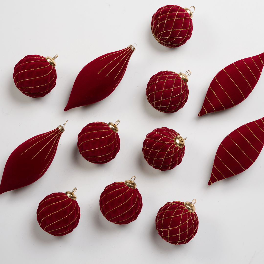 Burgundy Flocked Shatterproof 12-Piece Ornament Set