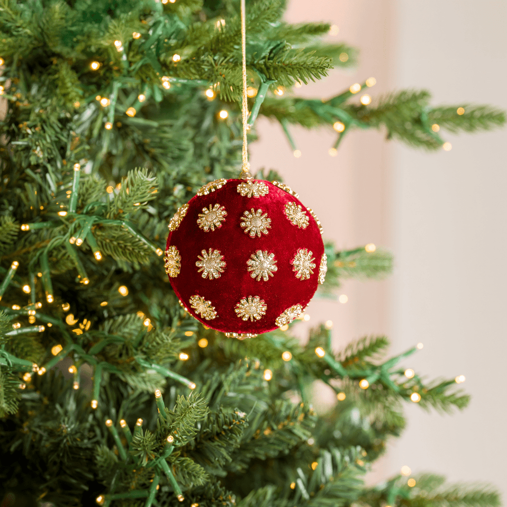 Burgundy Sunflower Rhinestone Velvet 4" Ball Ornament