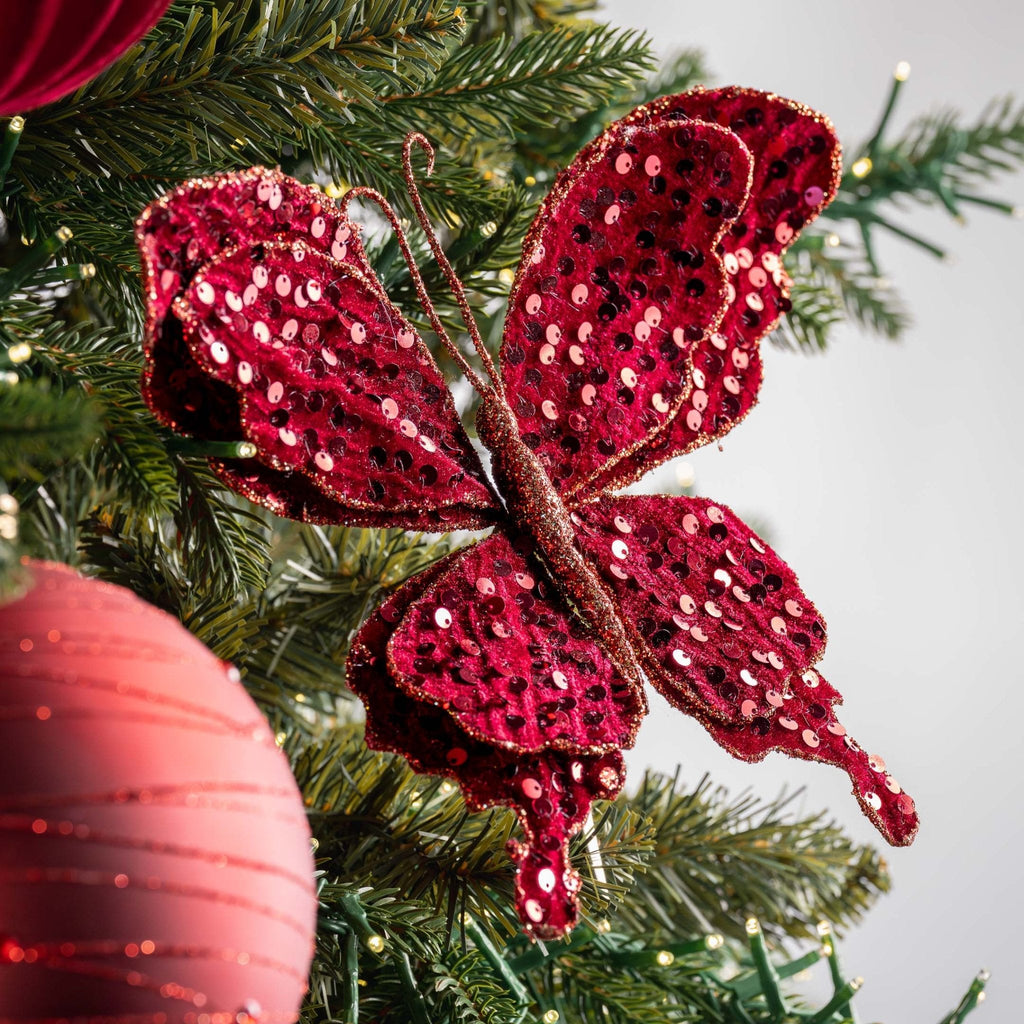 Burgundy Velvet Butterfly Clip-on with Red & Gold Sequins