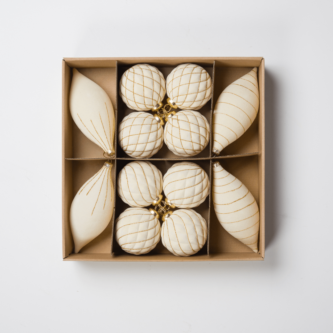 Cream Flocked Shatterproof 12-Piece Ornament Set