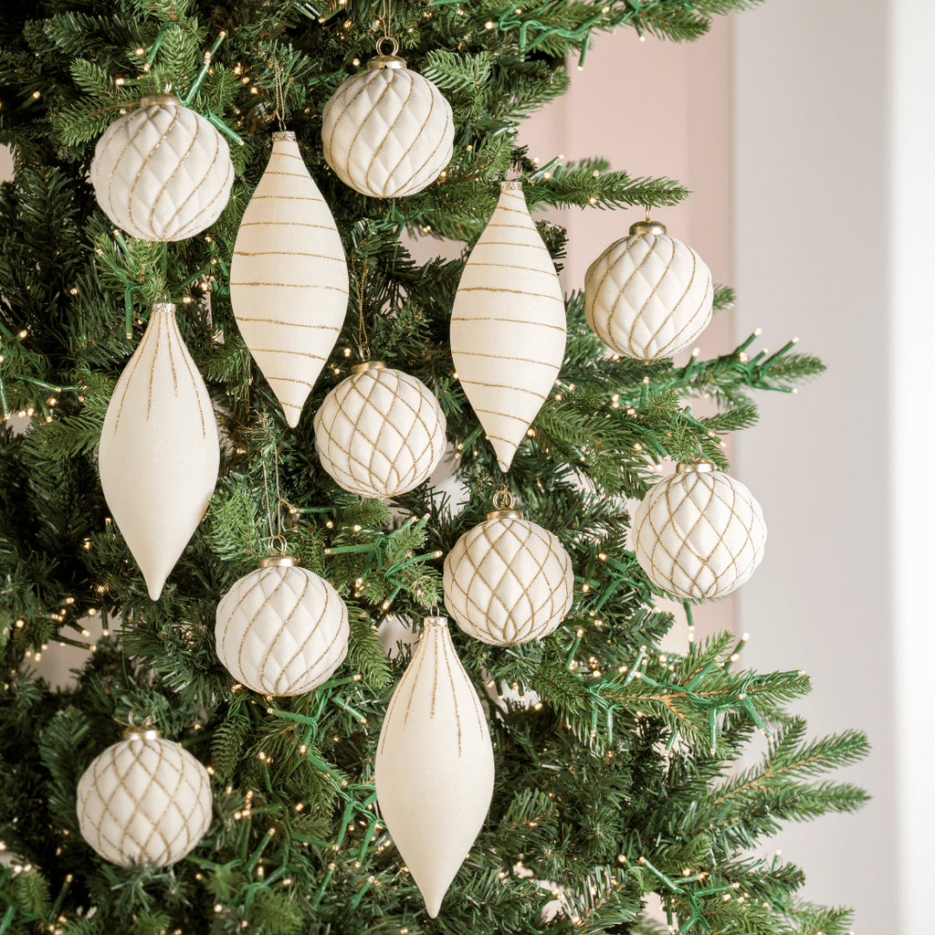 Cream Flocked Shatterproof 12-Piece Ornament Set