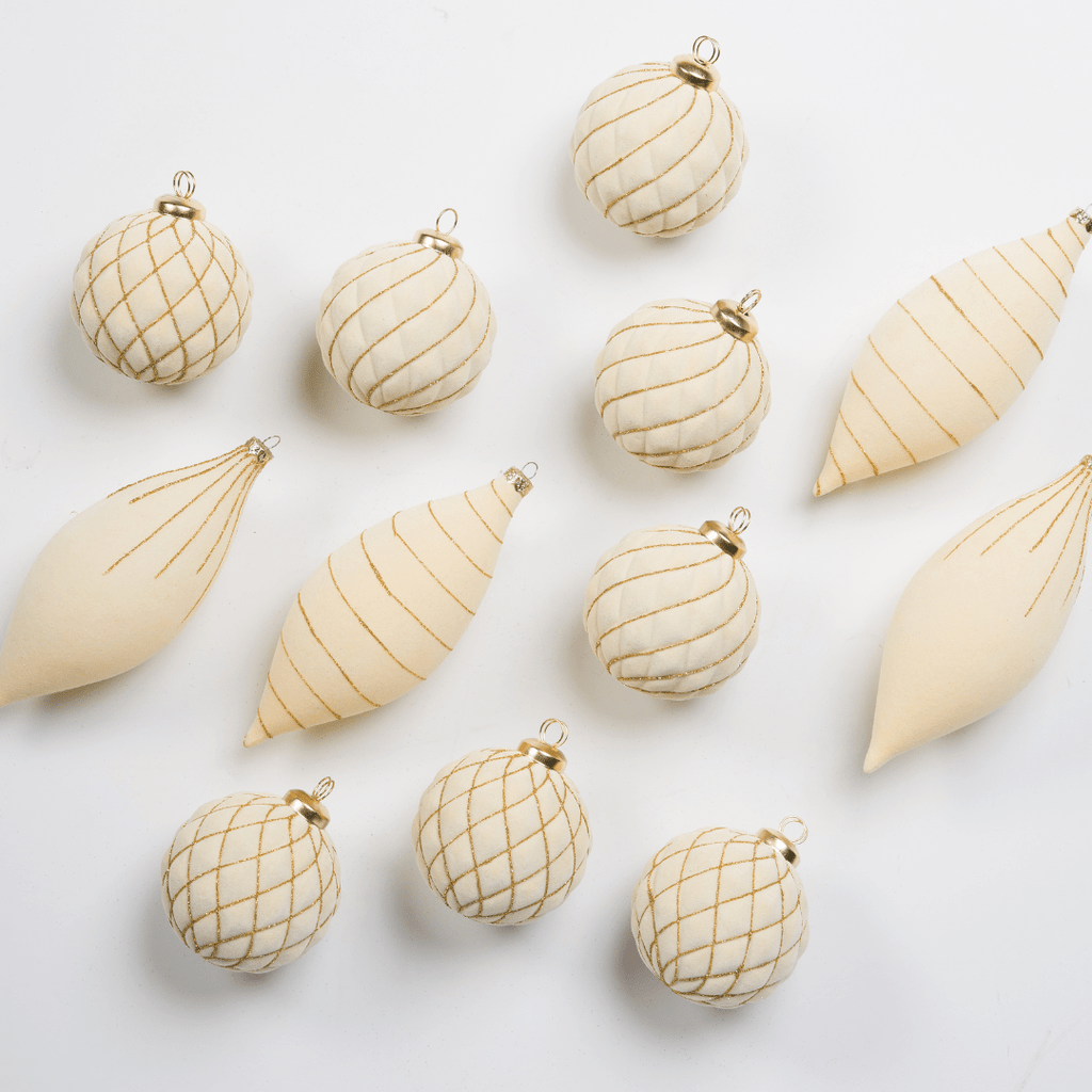 Cream Flocked Shatterproof 12-Piece Ornament Set