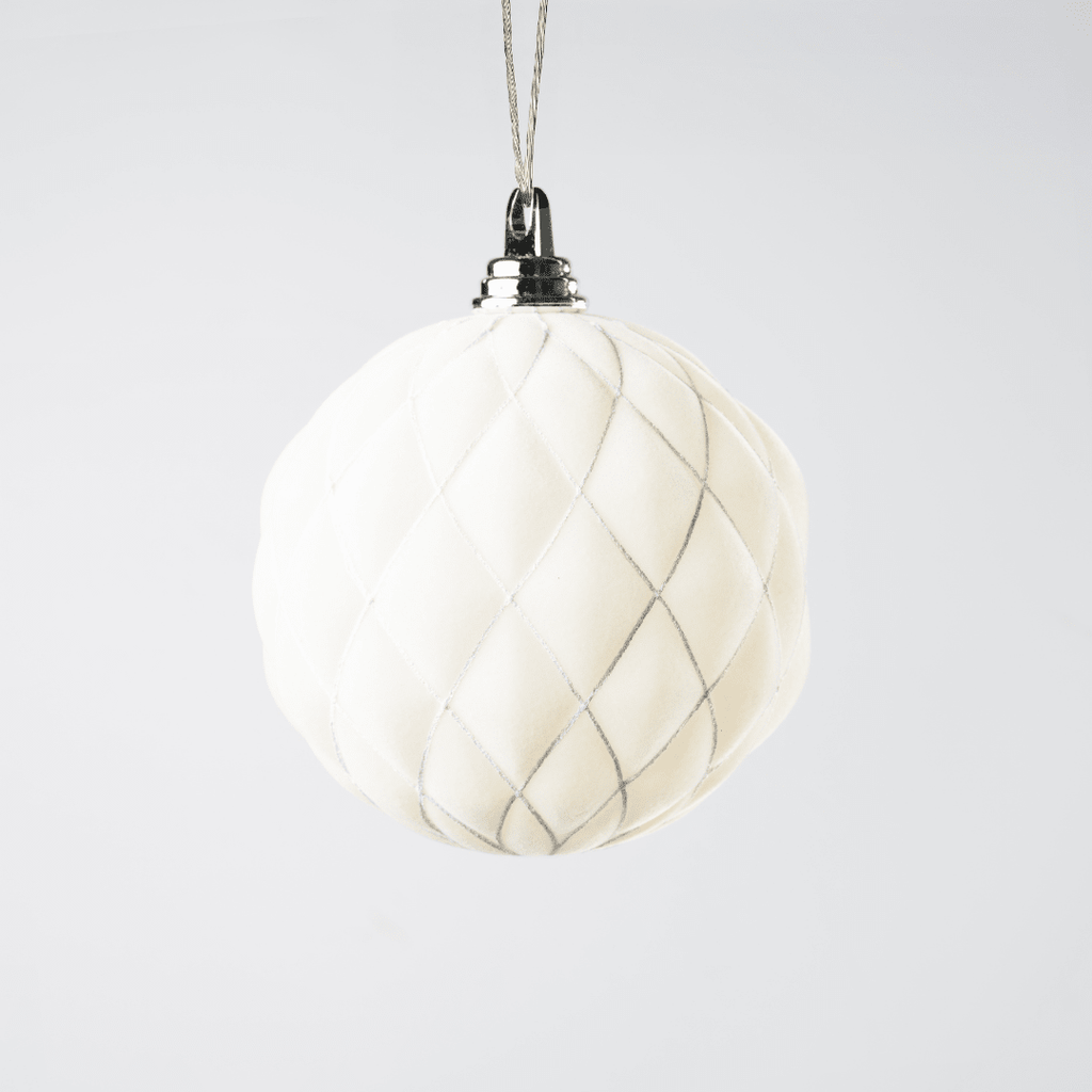 Cream Flocked White Glitter Design Ball Ornament 6"