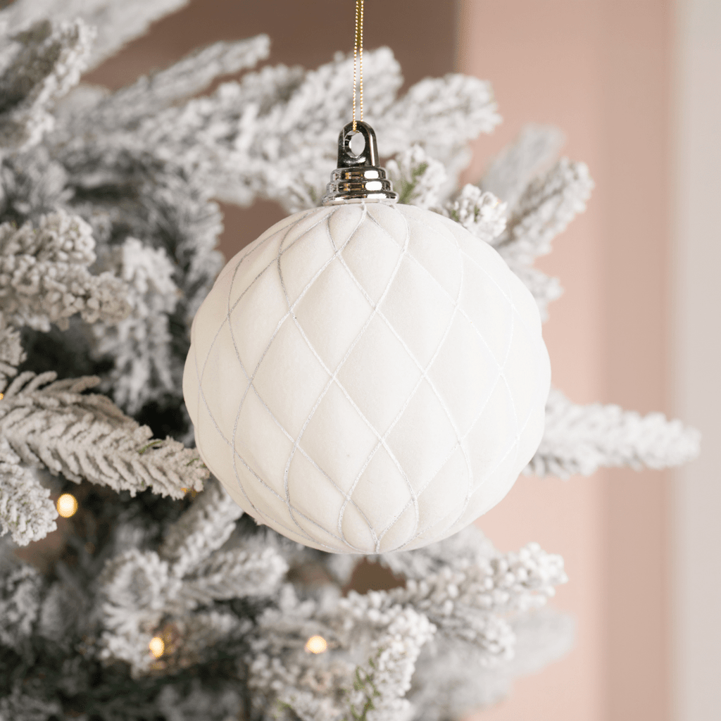 Cream Flocked White Glitter Design Ball Ornament 6"