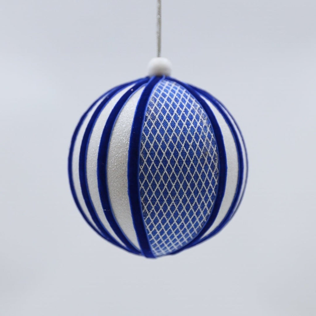 Cross Textured Blue & White Velvet Ball Ornament