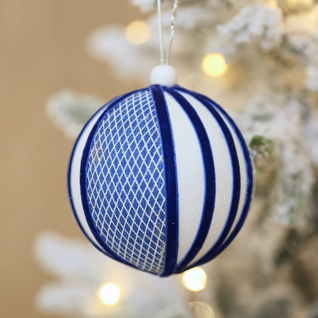 Cross Textured Blue & White Velvet Ball Ornament