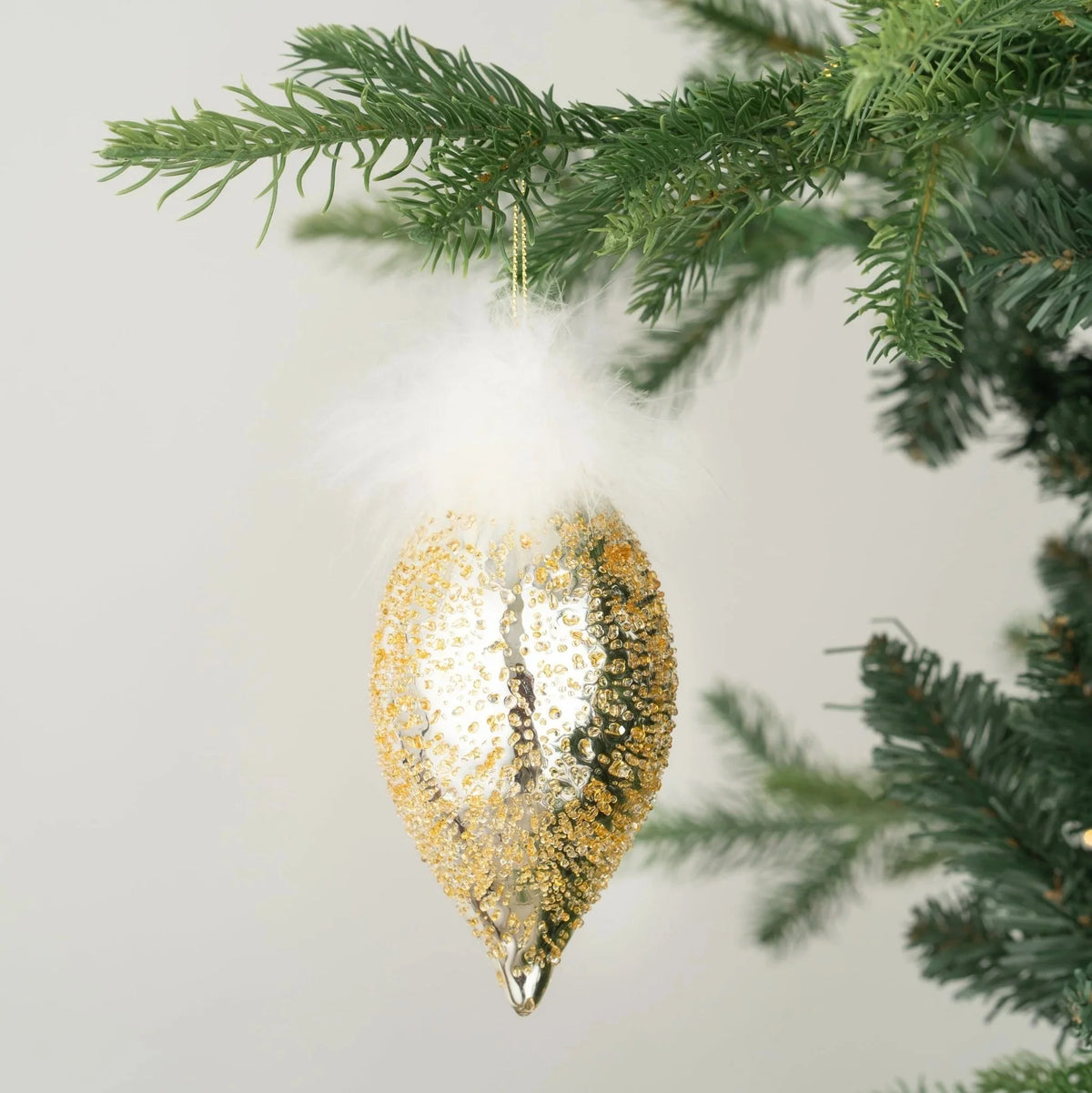 Gold Finial Ornament with White Feathers and Sugar Beads