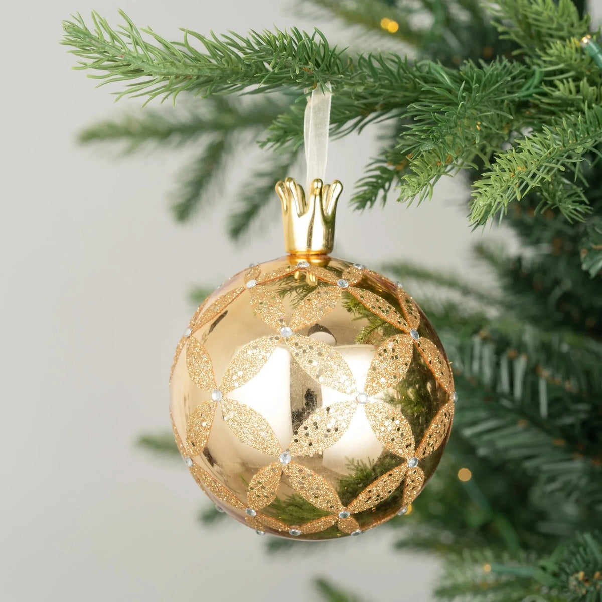 Gold Glitter Hand-Blown Glass Ball Ornament with Crown