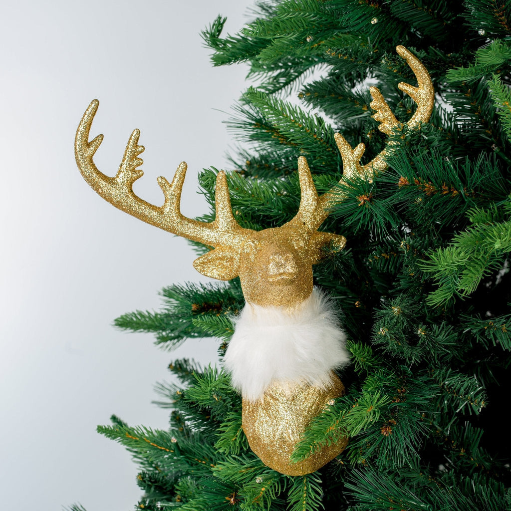 Gold Glitter Reindeer Head Ornament with Faux Fur