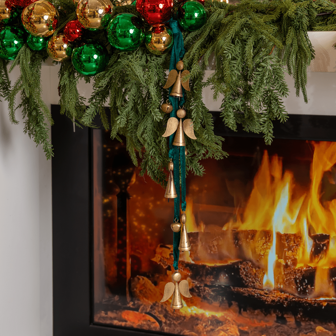 Gold Metal Angels with Emerald Ribbon Cluster