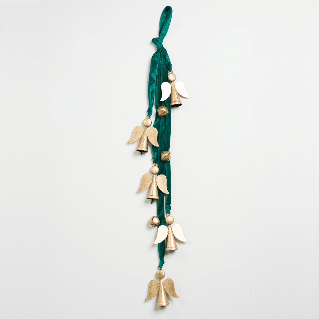 Gold Metal Angels with Emerald Ribbon Cluster
