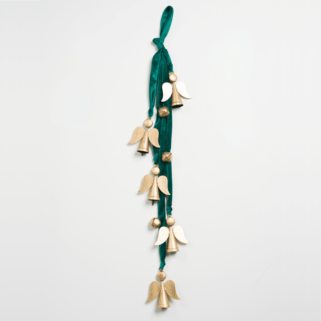 Gold Metal Angels with Emerald Ribbon Cluster