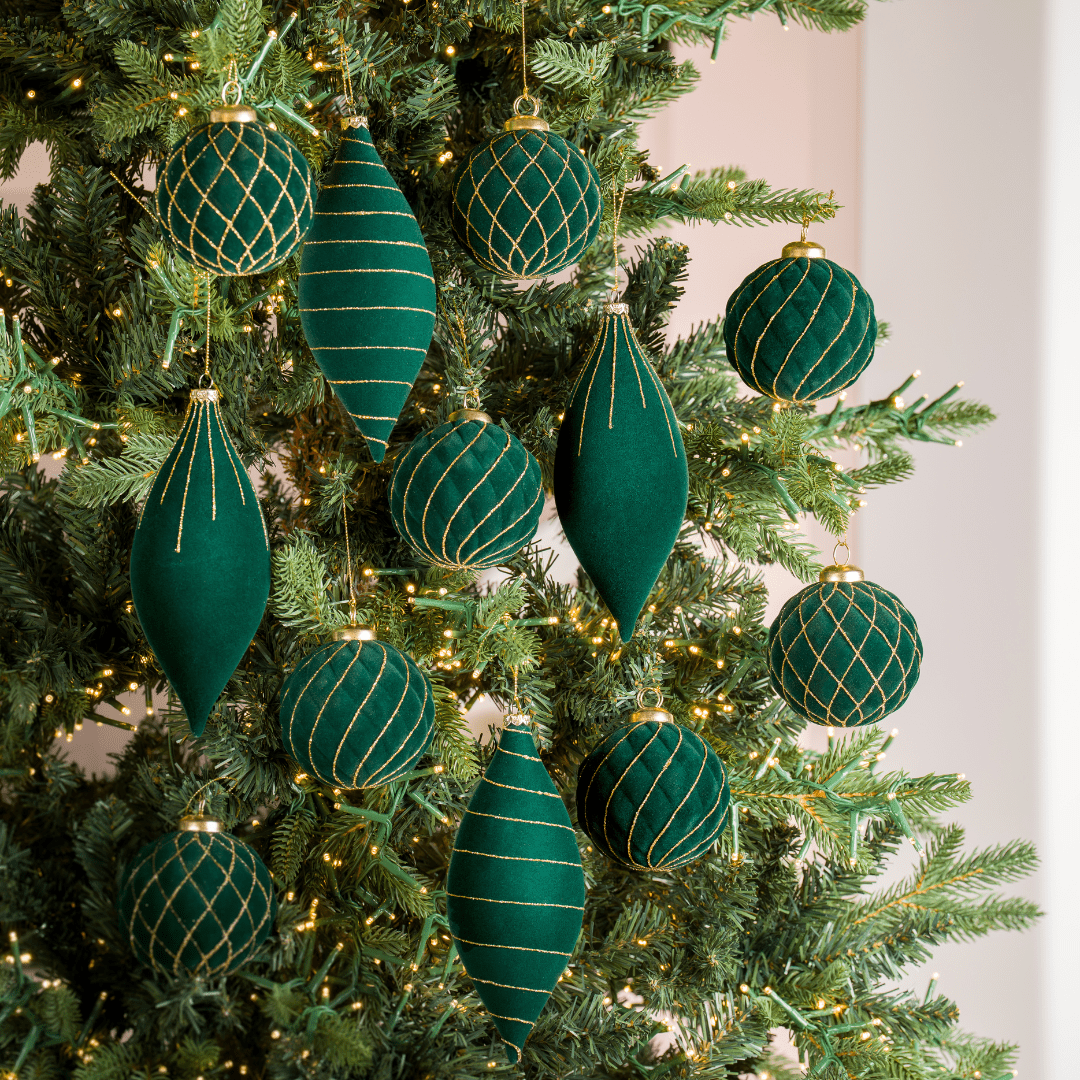Green Flocked Shatterproof 12-Piece Ornament Set