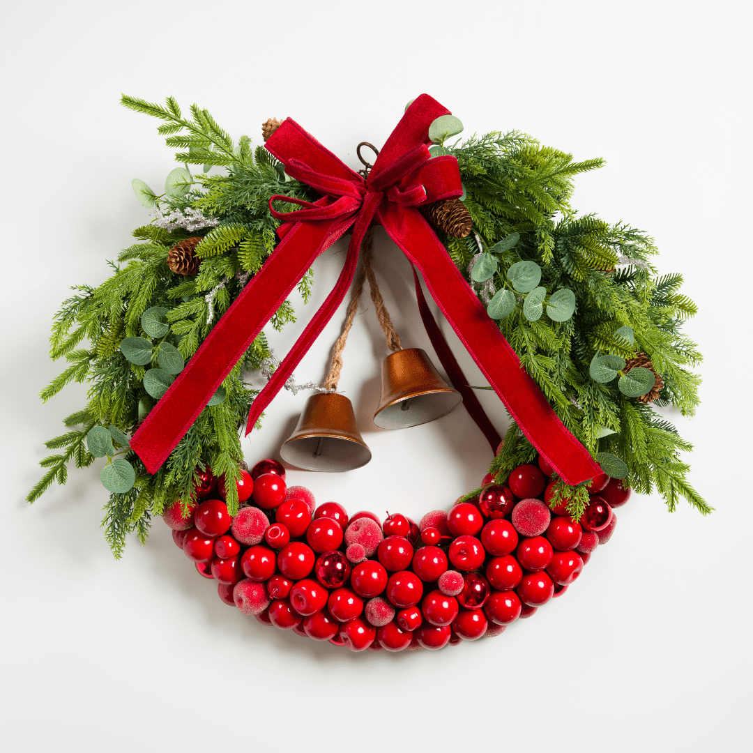 Green Red Botanical Wreath with Bow Detail
