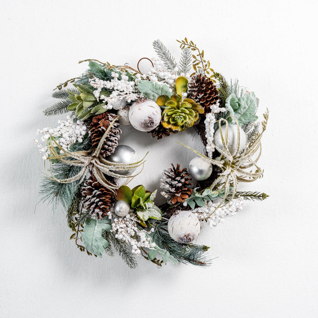 Green Wreath with Pinecones and Succulents