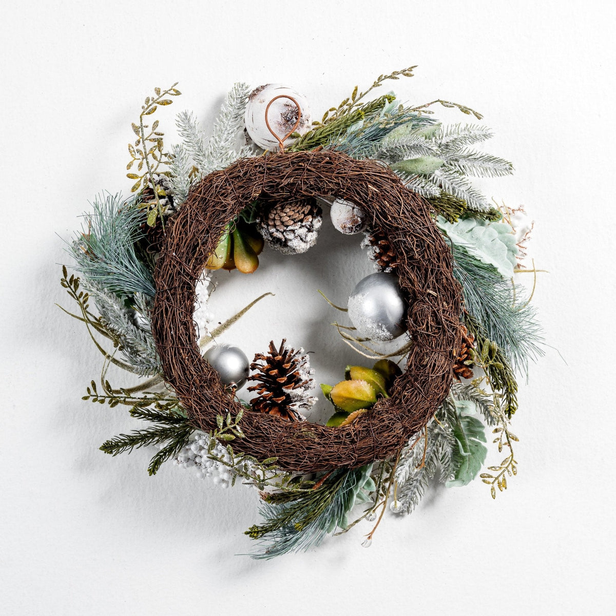 Green Wreath with Pinecones and Succulents