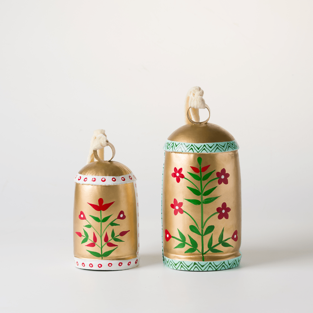 Hand-Painted Metal Bells (Set of 2) with Cream Velvet Ribbon