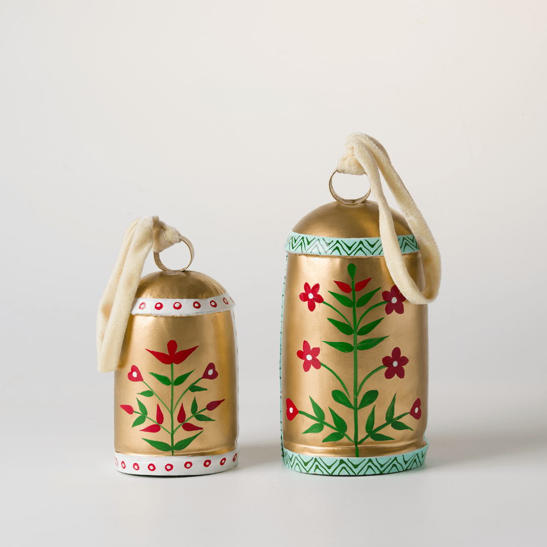 Hand-Painted Metal Bells (Set of 2) with Cream Velvet Ribbon