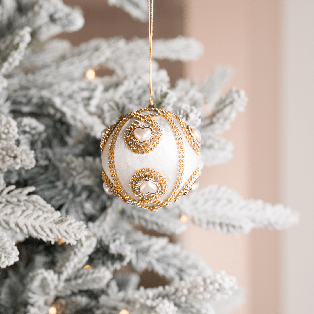 Ivory Jewel Eye Velvet 4" Ball Ornament